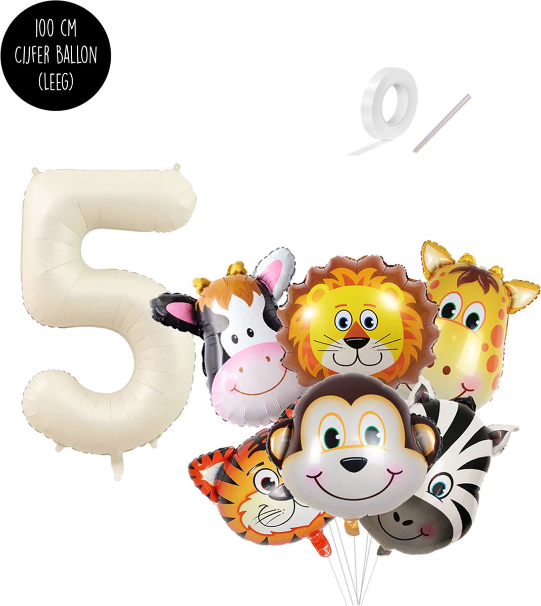 Cijferballon 5 | Jungle Safari Dierenhoofden Ballonen Boeket van Snoes - Helium Geschikt, Kleur Crème Nude